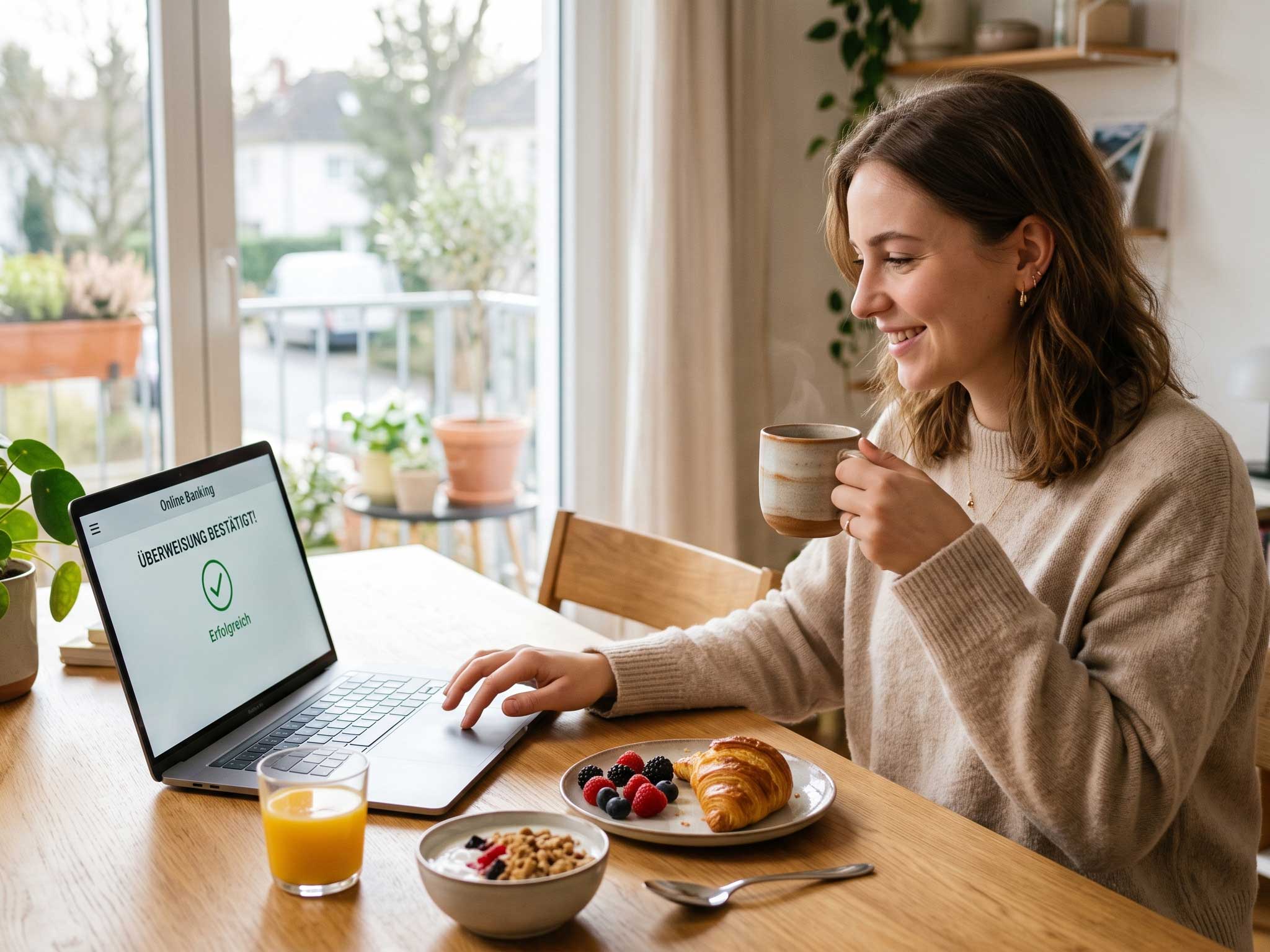 Person bestätigt beim Frühstück eine Überweisung im Onlinebanking
