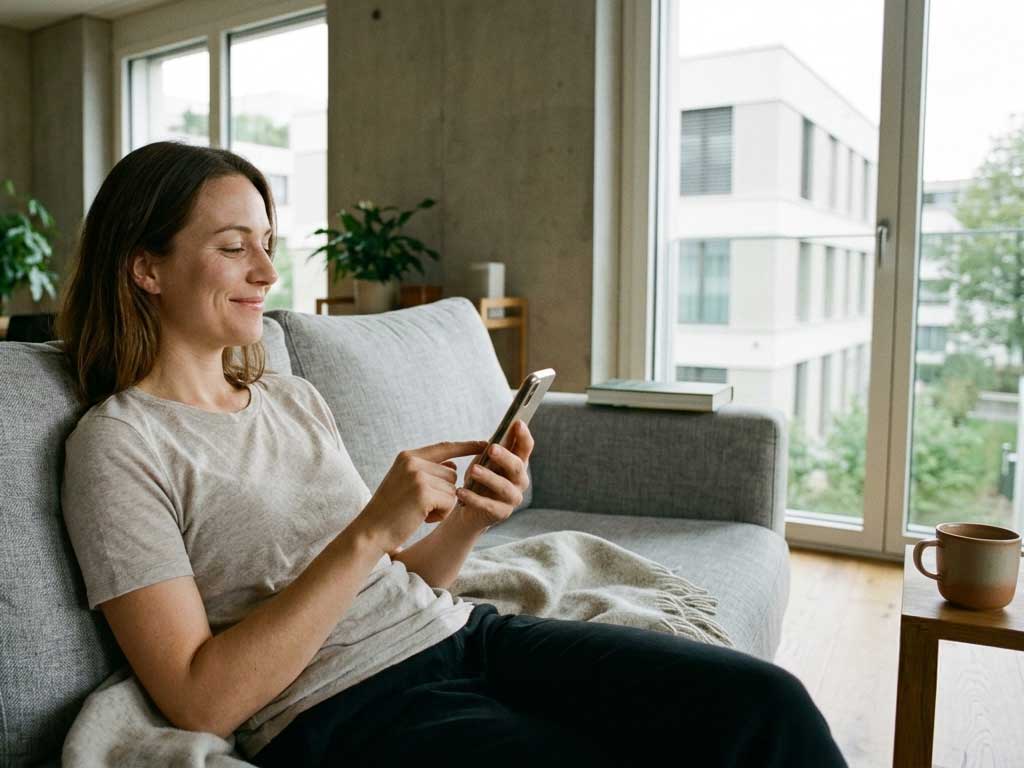 Person bestellt entspannt vom Sofa aus auf dem Smartphone