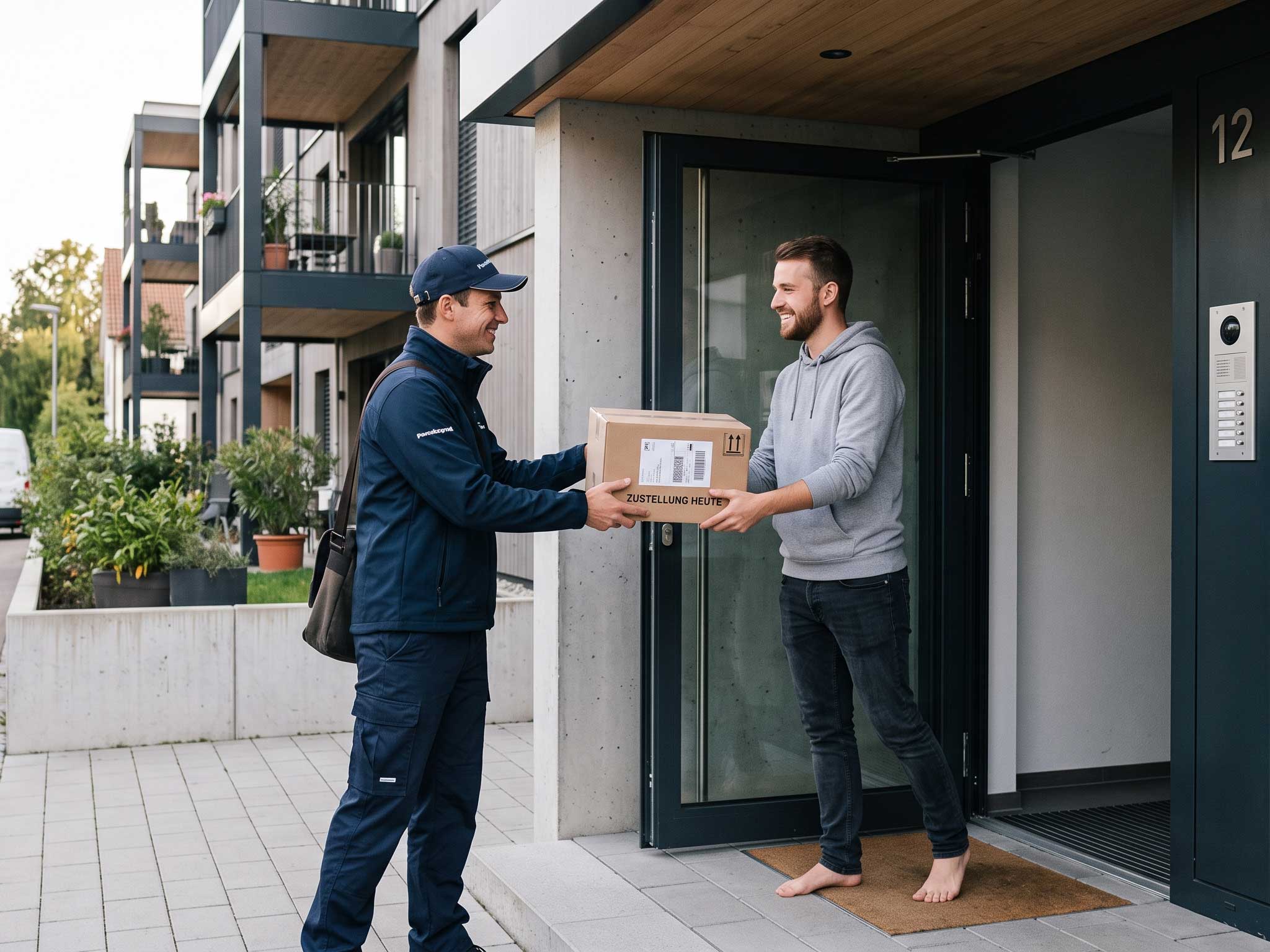 Paketbote übergibt einem Bewohner ein Paket am Hauseingang