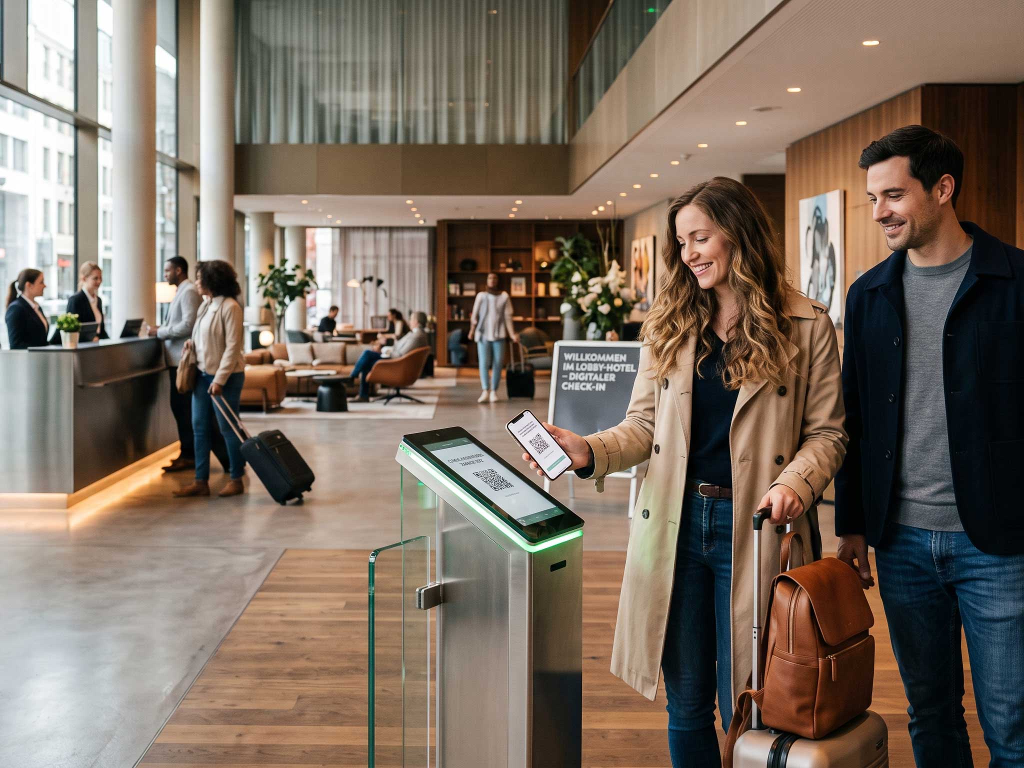 Paar beim digitalen Check-in in einer Hotellobby