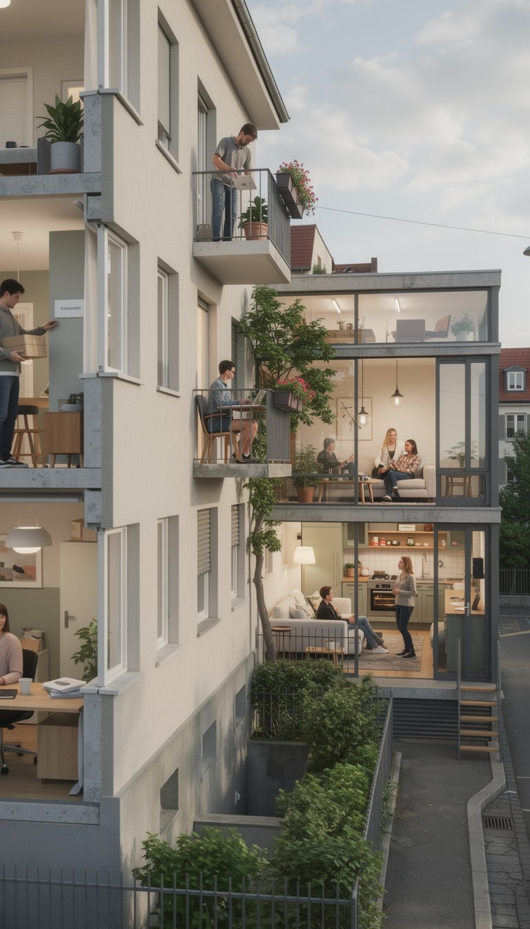 Querschnitt durch ein Wohnhaus am Abend: eine Familie im Wohnzimmer, eine Frau in der Küche, ein Mann mit Paket auf dem Balkon, im Erdgeschoss ein Arbeitsplatz