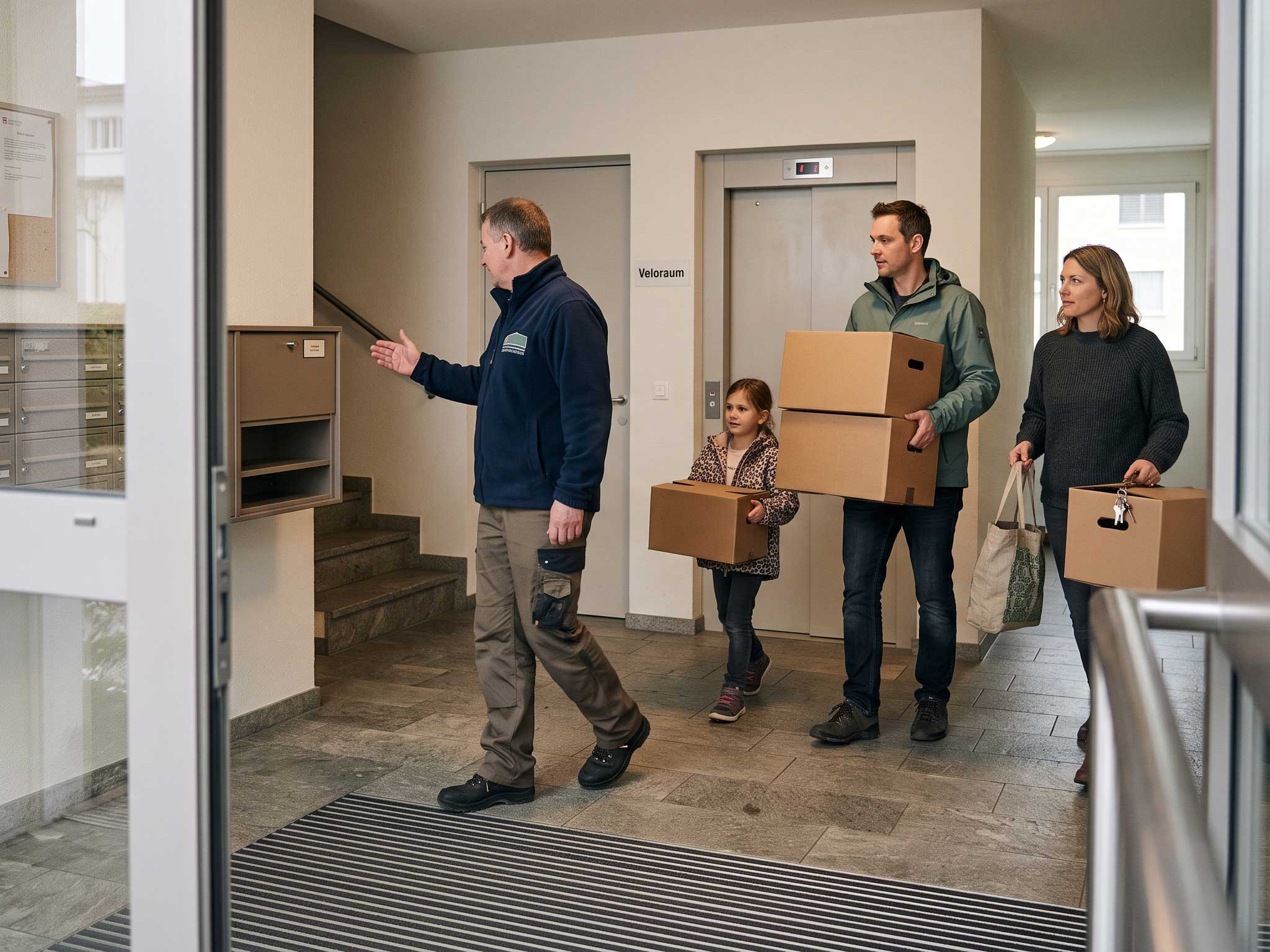Familie zieht ein, die Immobilienbewirtschaftung übergibt den Schlüssel