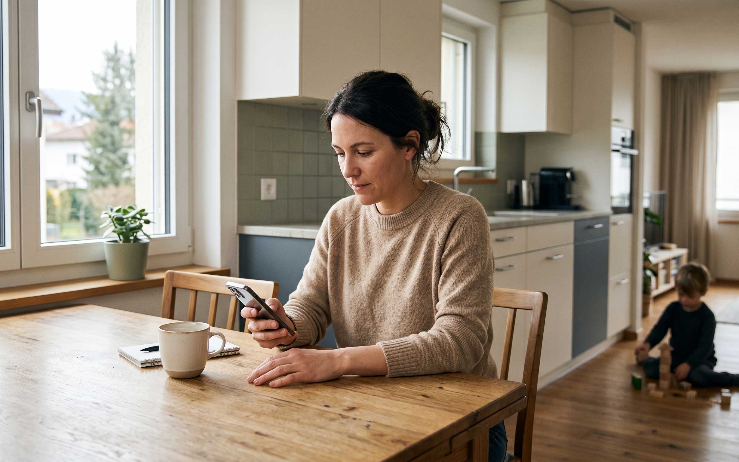 Frau am Küchentisch aktualisiert Angaben auf dem Smartphone, Kind spielt im Hintergrund